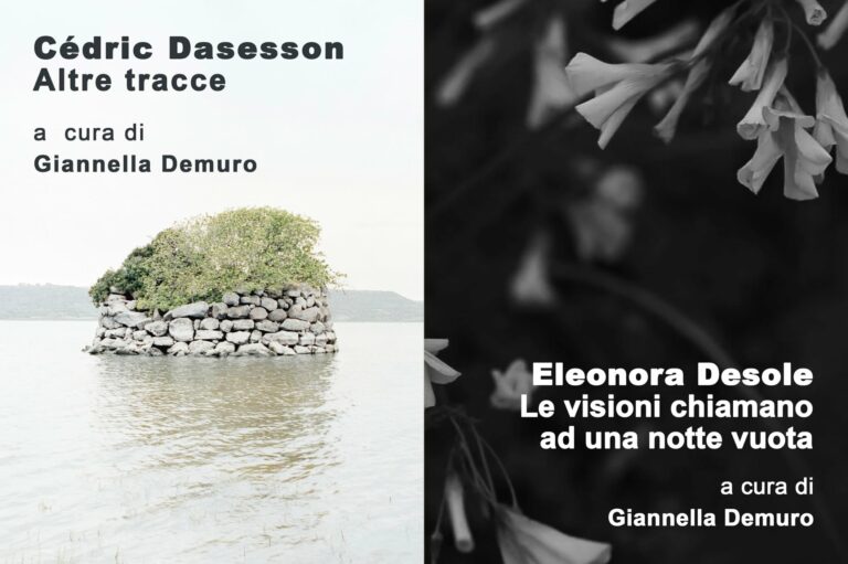 sulla sinistra, un nuraghe con della vegetazione in cima emerge dall'acqua, sulla destra un'immagine di fiori in bianco e nero su uno sfondo nero